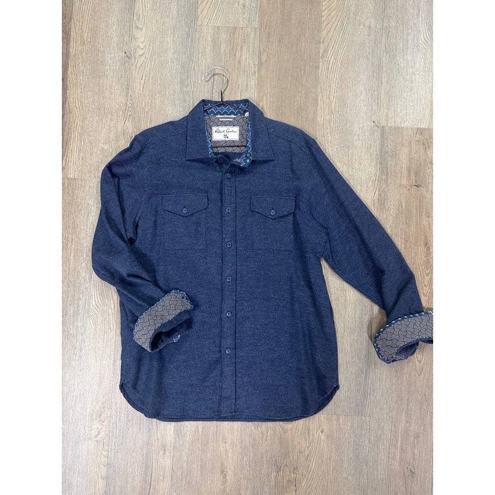 Robert Graham Mens Large Classic Fit Blue Cotton Stretch Button Down Shirt L